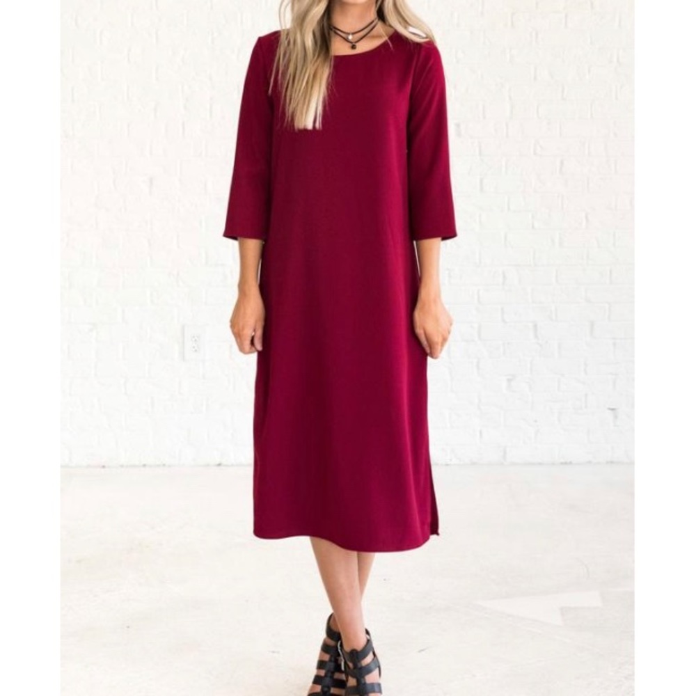 Burgundy Midi Sleeve Dress - Bella Ella